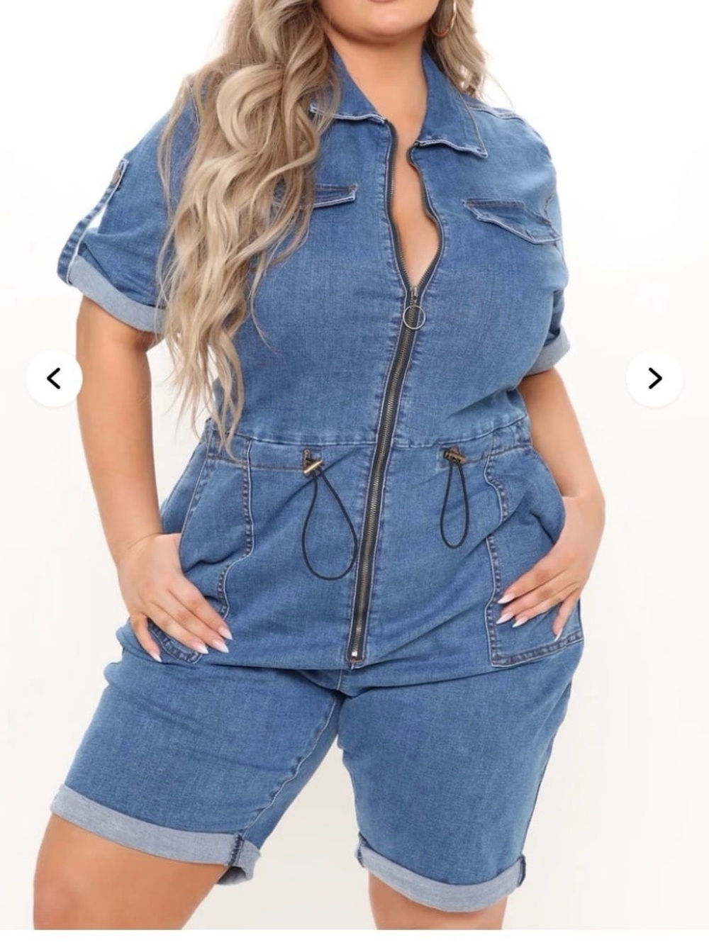 NWT women’s Blue Denim Zip-Front Cargo Romper size large